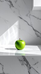 A single, vibrant green apple rests on a sleek, white marble surface, bathed in sunlight, casting a subtle shadow