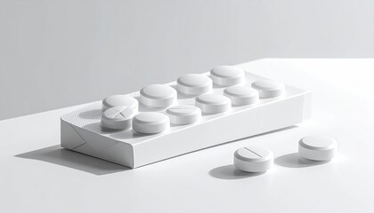 A minimalist image of a white blister pack of pills, with two pills resting outside the pack on a white surface, illuminated by a strong light source casting shadows