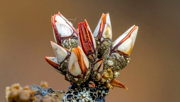 Stunning macro detail of goose barnacles revealing intricate textures and vibrant colors on a neutral background.