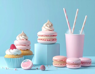 Pastel pink and blue cupcakes, macarons, and a drink cup arranged on a light blue surface with sprinkles and a citrus slice