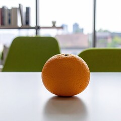 A single, ripe orange sits centered on a bright white table, with blurred green chairs and a cityscape view beyond