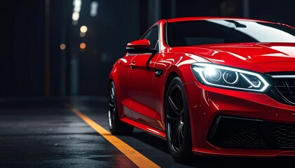 Red sports car parked confidently under street lights, modern headlights shining, sleek design, urban environment, luxury vehicle, performance automotive, city atmosphere.
