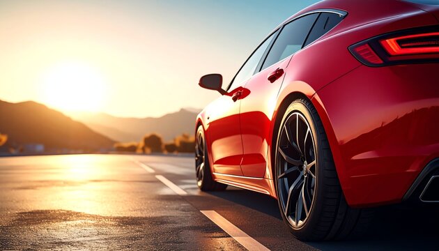 Sleek red sports car parked indoors, modern headlights illuminated, glossy paint reflecting ambient lights, conveying luxury, speed, and high performance automotive design.