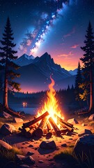 Campfire at night under a starry sky