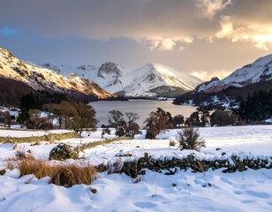 Winter wonderland alpine lake landscape with snow covered peaks