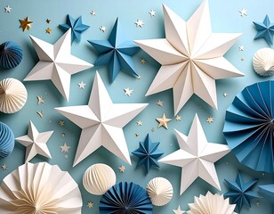 Festive paper stars and circles on a light blue background