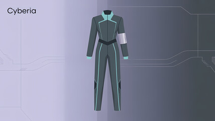 CYBERIA Futuristic Charcoal Gray Jumpsuit with Neon Cyan Accents and Silver Cuff Illustration