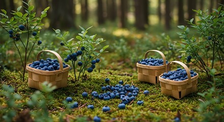 Fresh blueberries in wicker baskets on forest floor with greenery