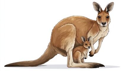 A reddish-brown adult kangaroo with a joey in its pouch, standing on a white background, facing forward, showcasing its powerful legs and long tail.  