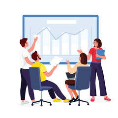 Illustration of people in a meeting, exchanging ideas, presenting about their business targets