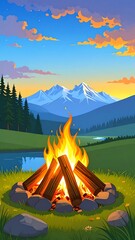 Campfire at sunset in a mountain valley