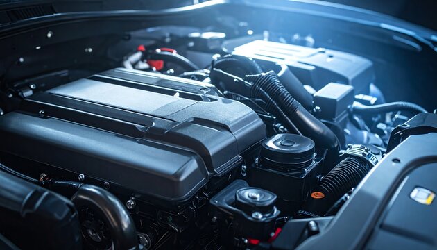 Modern car engine components visible, showing advanced technology, clean surfaces, and intricate mechanical details under the vehicle’s hood for automotive enthusiasts.