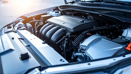 Modern car engine compartment detail shows clean components, advanced technology, and black plastic covers for efficient performance and reliability in automotive applications.