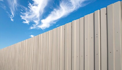 Light grey corrugated metal fence against a vibrant blue sky with wispy white clouds