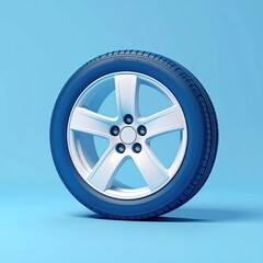 Fototapeta premium A single, blue-tinted tire with a five-spoke silver rim sits on a light blue background. The tire appears new and is shown in a three-quarter view