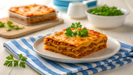 Fototapeta premium Delicious homemade lasagna served with fresh parsley and peas