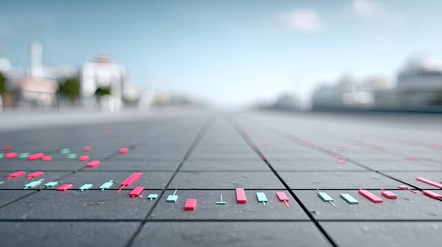 Financial Trading Chart Neon Holographic Cinematic Illustration Featuring Red and Blue Candlestick Data on a Tiled Surface with Blurred Cityscape Background
