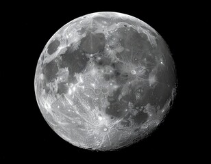 High-resolution grayscale image of the moon, showcasing detailed lunar surface texture with craters, maria, and highlands