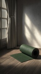 A rolled dark green floor mat rests on a wooden floor in a room with light beige curtains and a window.