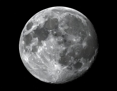 High-resolution grayscale image of the moon, showcasing detailed lunar surface texture with craters, maria, and highlands - Powered by Adobe