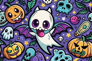 Whimsical halloween ghost bat doodle seamless repeat vector illustration fun spooky art scalable graphic design