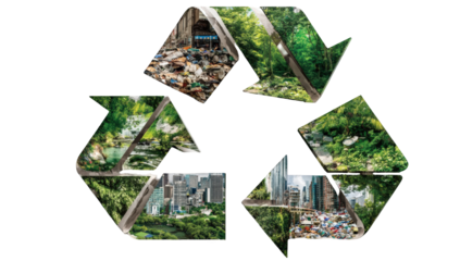 Recycling symbol with contrasting urban and nature images