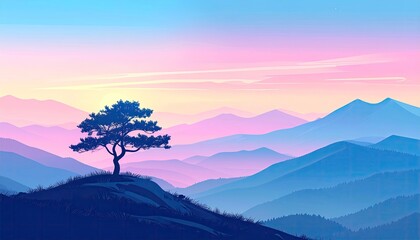 Serene sunrise over pastel-hued mountain ranges, a solitary tree stands on a rocky outcrop