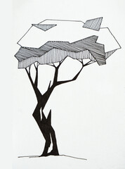 Sprawling, geometric crown of a deciduous tree, lime trees, on white isolated background. Linear drawing. Mockup for logo or emblem