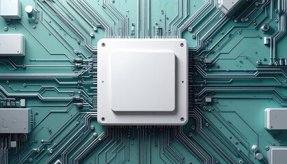 Overhead close-up of a blank, white central processing unit (CPU) mounted on a teal circuit board with intricate pathways