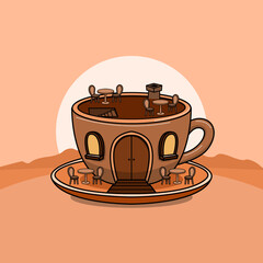 A small cafe building shaped like a coffee cup at sunset. Perfect for celebrating International Coffee Day on October 1st.