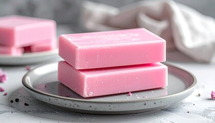 Two pale pink rectangular soaps stacked on a gray plate, with dried rose petals nearby
