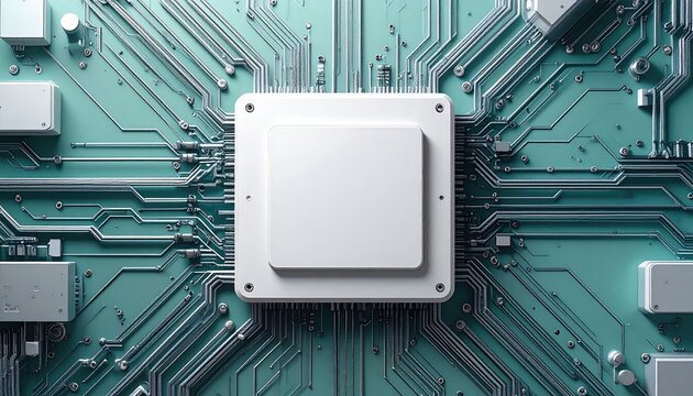 Overhead close-up of a blank, white central processing unit (CPU) mounted on a teal circuit board with intricate pathways