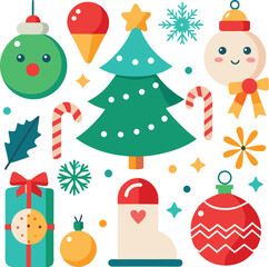 Vector art of a vibrant assortment of christmas elements including a tree, ornaments, a gift, a snowman, candy canes, and snowflakes, presented on a clean for easy use