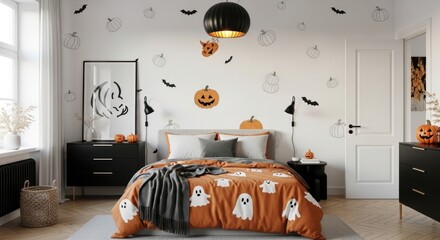 Bedroom decorated for halloween celebration on transparent background