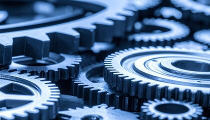 Mechanical gears teamwork in motion, showing interconnected metal cogs illustrating industrial machinery, precision engineering, and synchronized movement in a blue-toned setting.