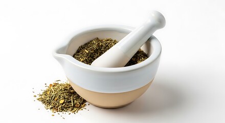 Mortar and Pestle with Herbs: Culinary Preparation on White Background, Bright Studio Lighting
