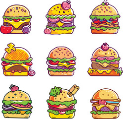 VARIOUS SHAPE OF BURGERS ON FLAT VECTOR ILLUSTRATION.eps