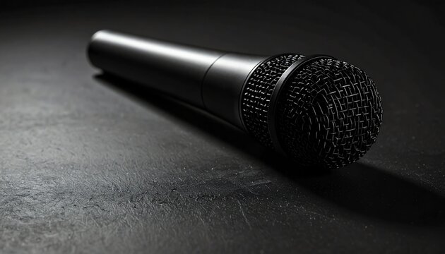 Classic black microphone on stand, isolated against dark background, ideal for podcasting, public speaking, live music, or professional audio recording environments.