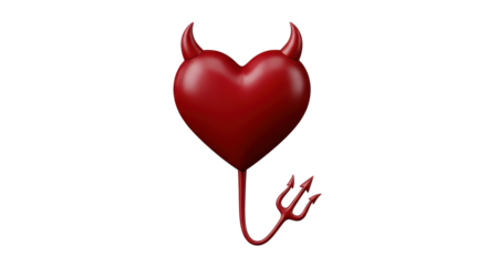 Isolated symbolic heart, red color, devils horns, tail with trident, dark love and hatred