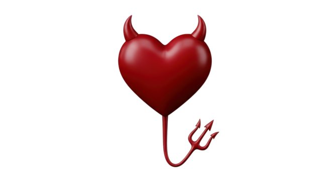 Isolated symbolic heart, red color, devils horns, tail with trident, dark love and hatred