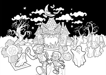 Halloween scene with haunted house and children