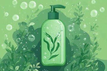Eco Shampoo Bottle with Pastel Background Algae Illustration