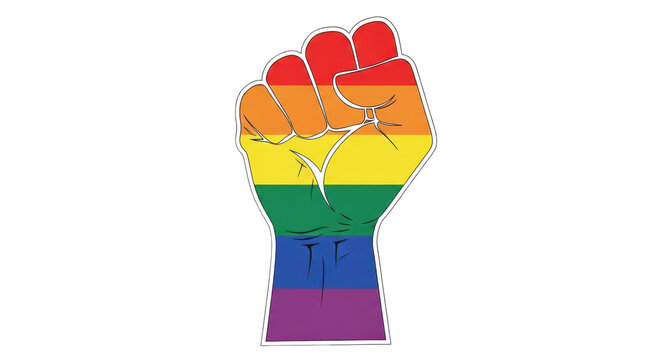 Isolated clenched fist icon with the LGBT pride flag colors representing protest symbol