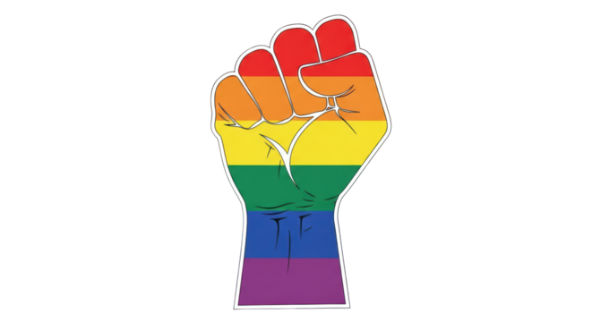 Isolated clenched fist icon with the LGBT pride flag colors representing protest symbol