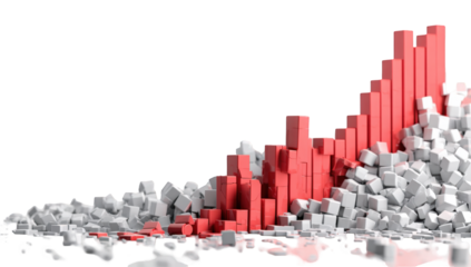 Abstract graphic of a rising red bar graph emerging from a pile of white cubes