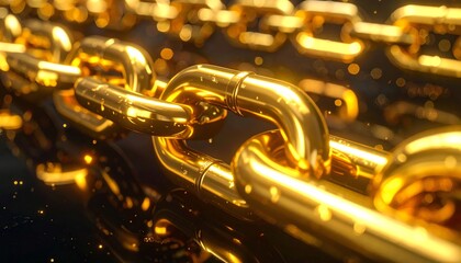 Fototapeta premium Golden chain links glowing brightly together, symbolizing strength, unity, value, and durability with radiant bokeh background and warm metallic highlights.