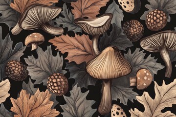 Hand Drawn Seamless Pattern of Acorns and Mushrooms Vector