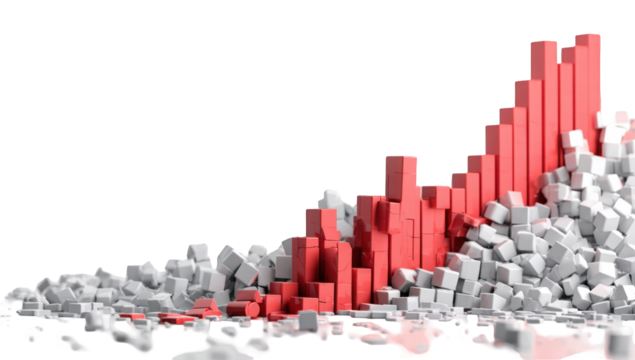 Abstract graphic of a rising red bar graph emerging from a pile of white cubes