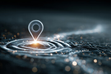 Digital location pin over futuristic data landscape