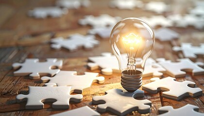 Illuminated lightbulb rests atop a solved jigsaw puzzle piece amidst scattered, unsolved pieces on a wooden surface